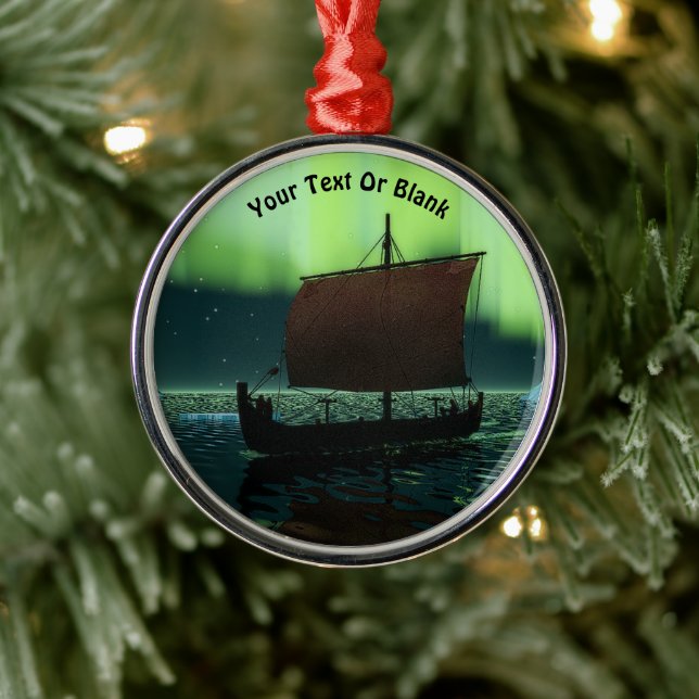 Viking Ship Under Northern Lights Metal Ornament (Tree)