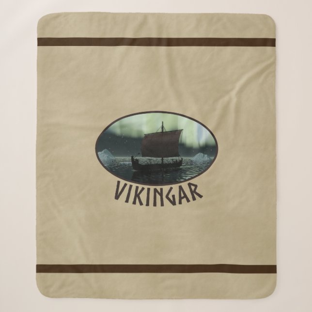 Viking Ship Under Northern Lights Sherpa Blanket (Front)
