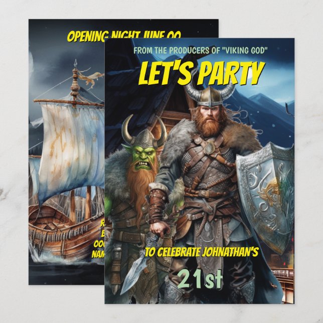 Viking themed norse warriors medieval fantasy ship invitation (Front/Back)
