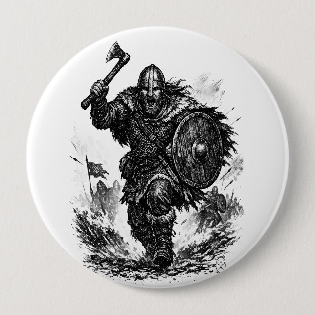 Viking Warrior Charge – Ink Battle 4 Inch Round Button (Front)