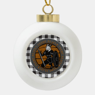 Viking Warrior Kneeling Female Runes White Plaid Ceramic Ball Christmas Ornament