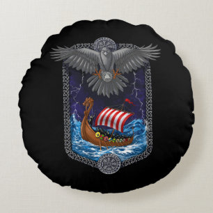 Viking Warrior Ship Raven Round Pillow