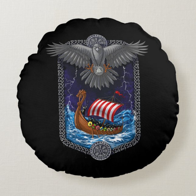 Viking Warrior Ship Raven Round Pillow (Front)