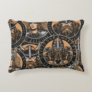 Viking Warriors: Colourful Vintage Pattern Accent Pillow