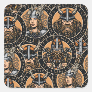Viking Warriors: Colourful Vintage Pattern Square Sticker
