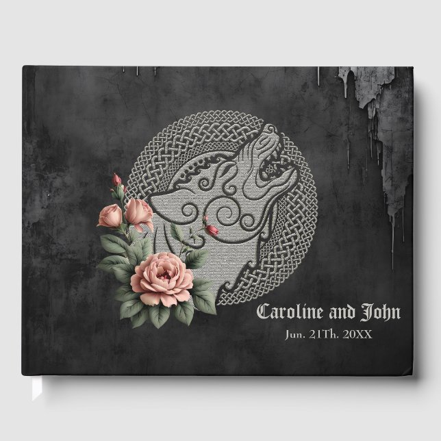 Viking Wolf & Roses. A stylized wolf's head, Guest Book (Front)
