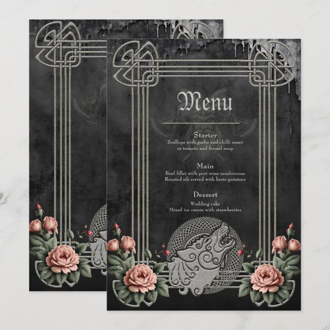 Viking Wolf & Roses. A stylized wolf's head Menu (Front/Back)