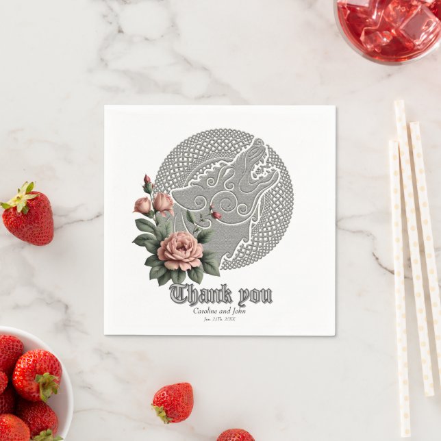 Viking Wolf & Roses. A stylized wolf's head, Napkin (Insitu)