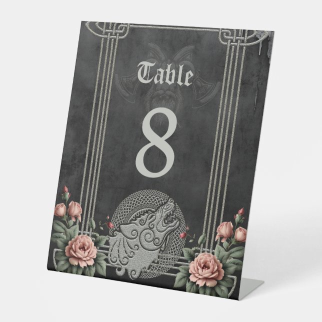 Viking Wolf & Roses. A stylized wolf's head, Pedestal Sign (Front)