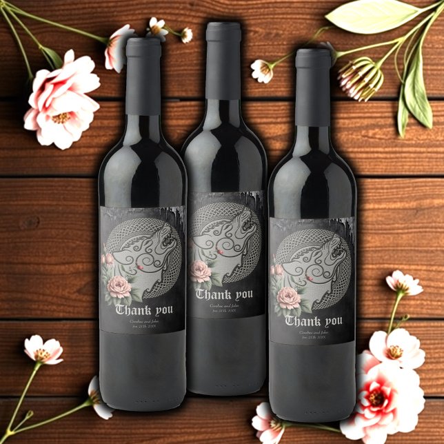 Viking Wolf & Roses. A stylized wolf's head Wine Label (Creator Uploaded)