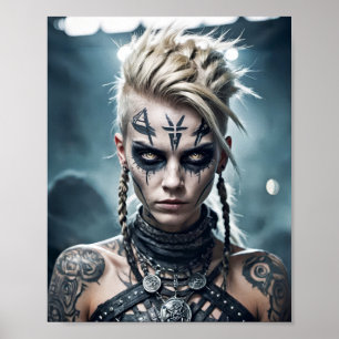 Viking worrior woman with rune tattoo and war sign