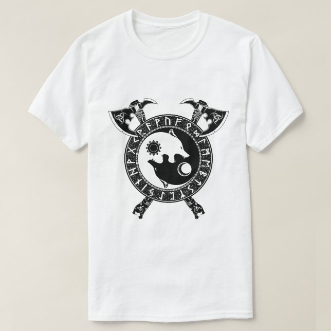 Viking Yin Yang Wolf And Axe T-Shirt (Design Front)