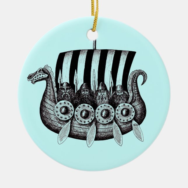 Vikings in Drekar black and white pen ink drawing Ceramic Ornament (Front)