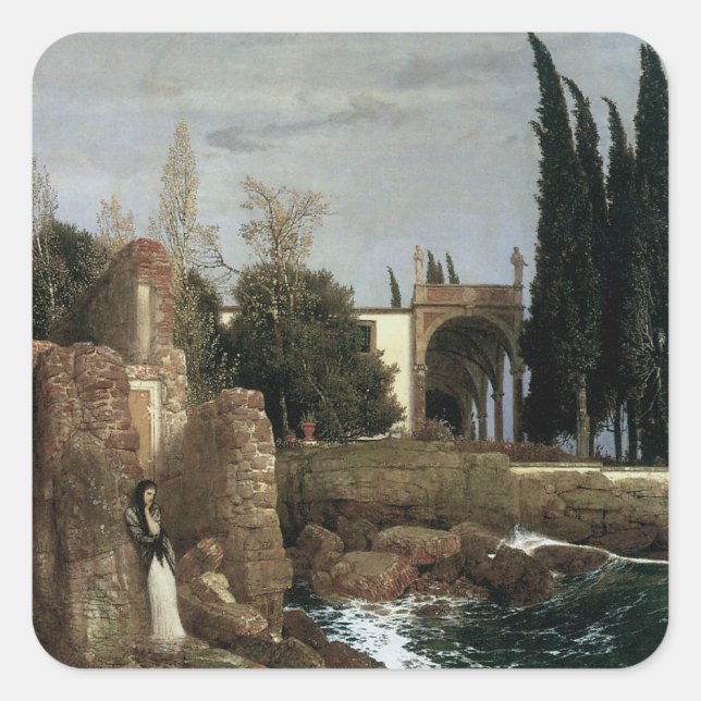 Villa By The Sea by Arnold Bocklin, Symbolism Art Square Sticker (Front)