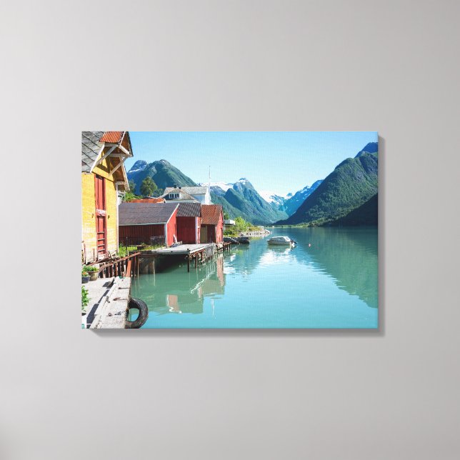 Village and a fjord in Norway canvas print (Front)