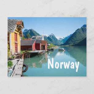 Village and a fjord in Norway text postcard