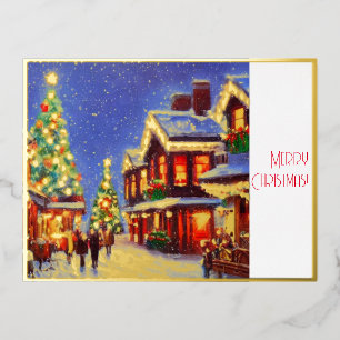 Village at Christmas with people and ornaments Foil Holiday Postcard