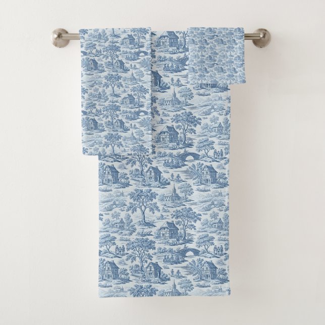 Village Blue Toile Bath Towel Set (Insitu)