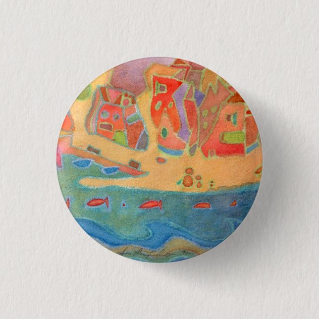 Village by the sea 1 inch round button (Front)