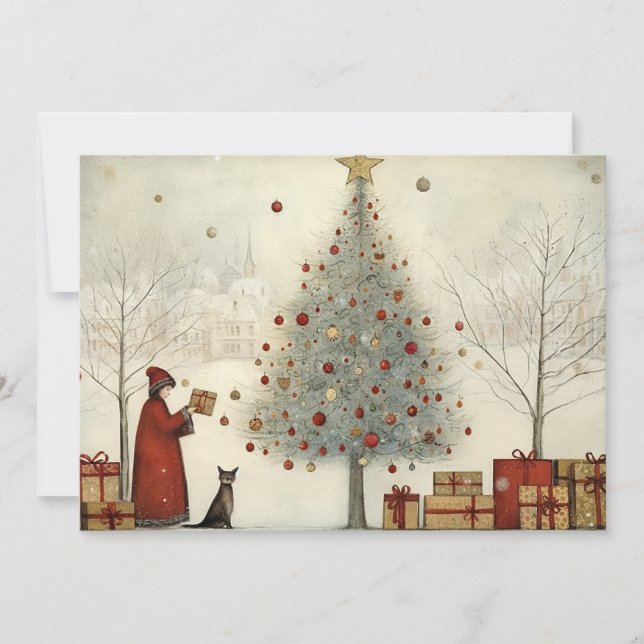 Village Christmas Tree and a Cat Holiday Card (Front)