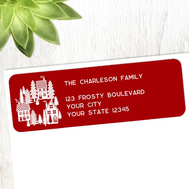 Village de Noël Rouge et Blanc Adresse de retour (Christmas Village red and white personalized custom text return address label for the winter Holiday)