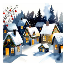 Village d'hiver cosy Art mural aquarelle de Noël 