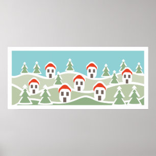 Village d'hiver, maisons à toits rouges affiche pe