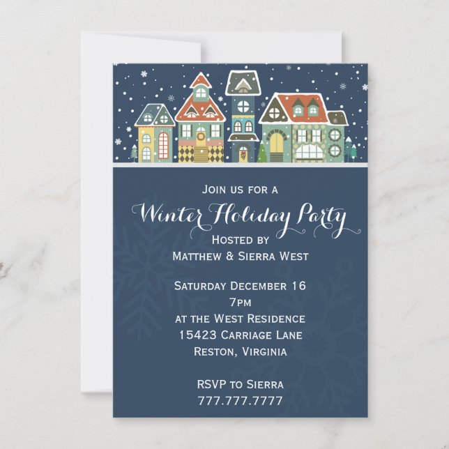 Village Homes Winter Snow Scene Holiday Party Invitation (Front)