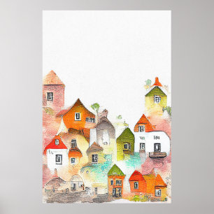 Village House Landscape Scenery Nature Watercolor  Poster