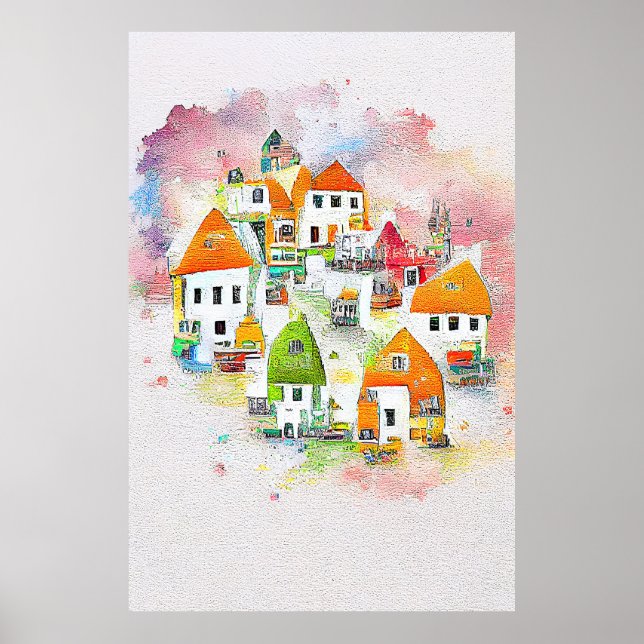 Village House Landscape Scenery Nature Watercolor  Poster (Front)