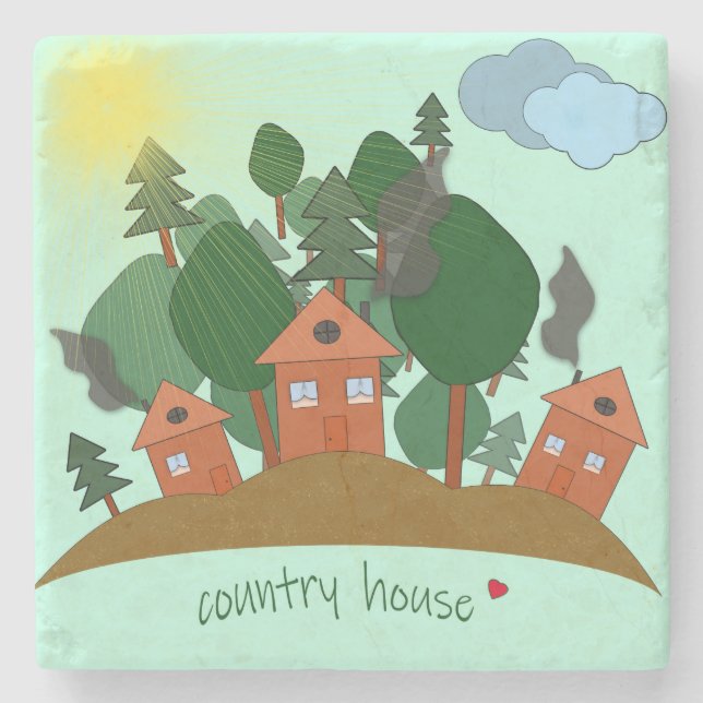 Village houses at the edge of the forest. stone coaster (Front)