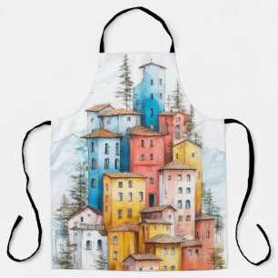 Village Houses Illustration Pastel Colour Drawing Apron