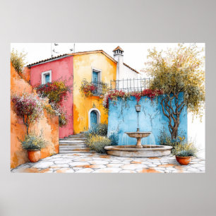 Village Houses Illustration Pastel Colour Drawing Poster