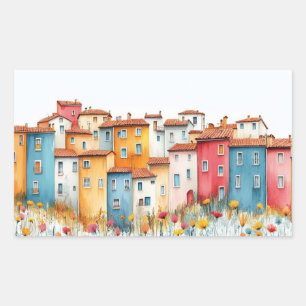 Village Houses Illustration Pastel Colour Drawing Sticker