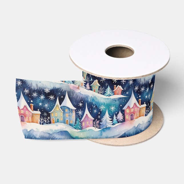 Village in a Snowstorm Holiday Satin Ribbon (Spool)