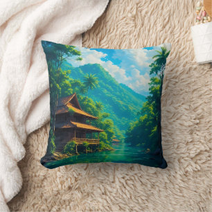 Village in Nature’s Embrace Throw Pillow