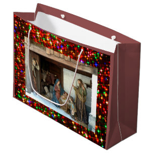 Village Nativity Under Canopy Multi-coloured Stars Large Gift Bag