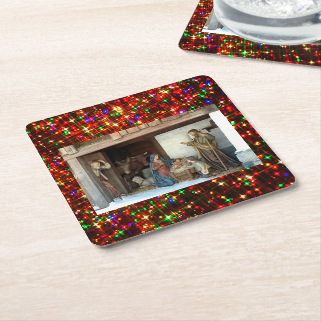 Village Nativity Under Canopy Multi-coloured Stars Square Paper Coaster (Angled)