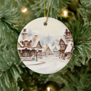 Village on a Christmas day Ceramic Ornament