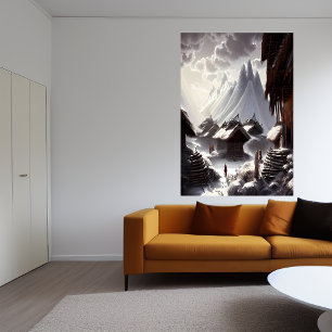 Village on the snow and mountain AI Art Poster