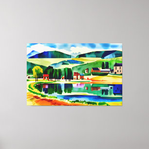 Village Overlooking Tranquil Lake Canvas Print
