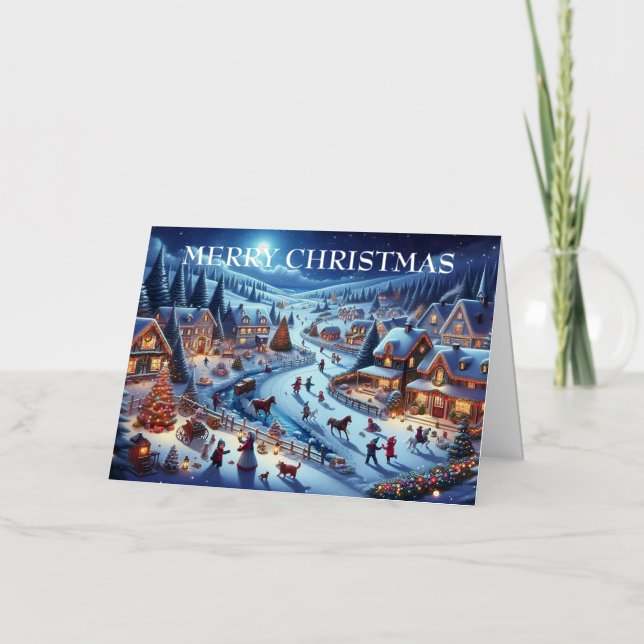 Village Snowy Scene Painting Christmas Foil Holiday Card (Front)