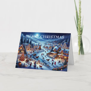 Village Snowy Scene Painting Christmas Foil Holiday Card