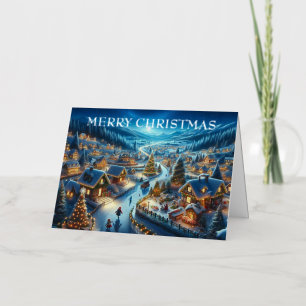 Village Snowy Scene Painting Christmas Foil Holiday Card