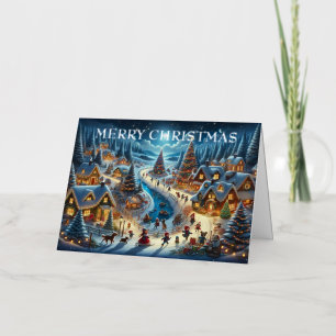 Village Snowy Scene Painting Christmas Foil Holiday Card