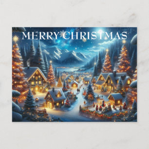 Village Snowy Scene Painting Christmas Holiday Postcard