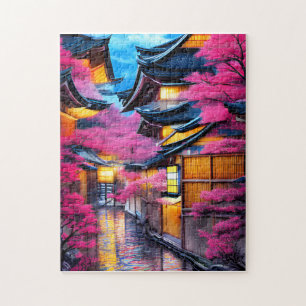 Village Surrounded by Cherry Blossoms Jigsaw Puzzle