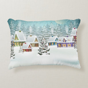 Village winter landscape with snow covered houses accent pillow