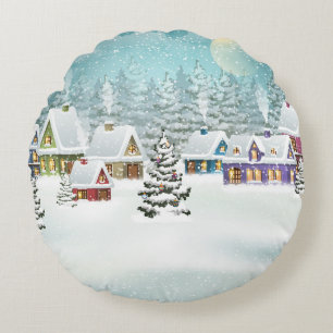Village winter landscape with snow covered houses  round pillow