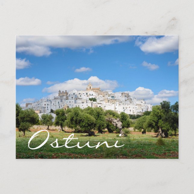 Ville blanche Ostuni et oliviers texte carte posta (Devant)